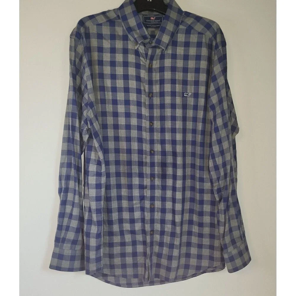Vineyard Vines Button Down Mens XL Blue Gingham Whale Shirt Slim Fit Long Sleeve
